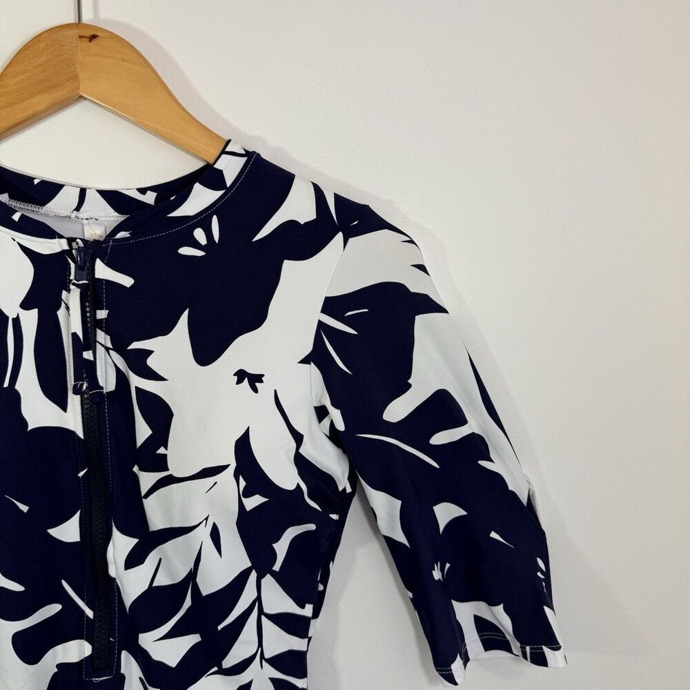 ANNE COLE Long Sleeve One-Piece Rash Guard Swimsuit Tropical Navy White Sz 8 - Picture 4 of 12